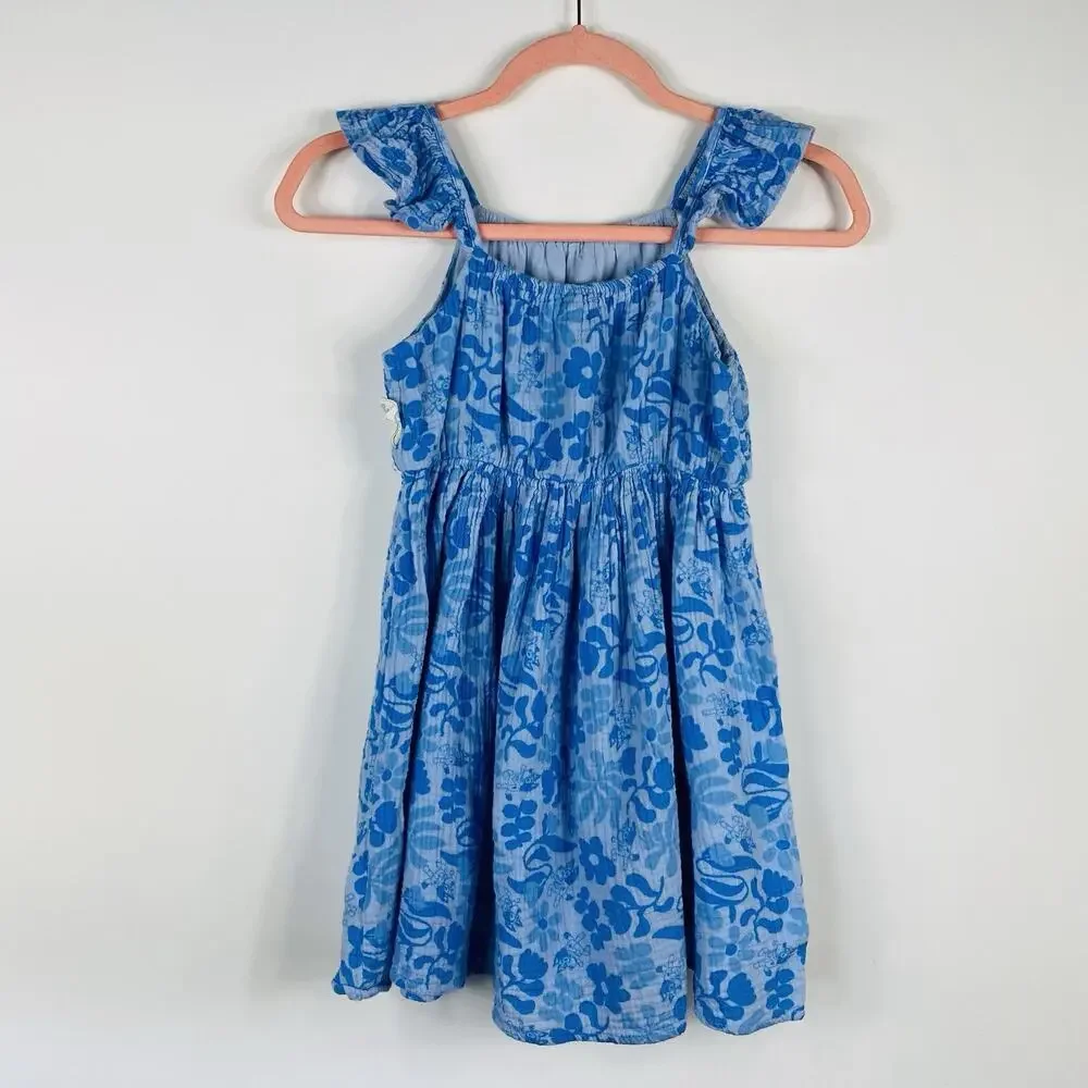 Bluey Dress Large 10 12 Blue Cotton Gauze Flutter Sleeve